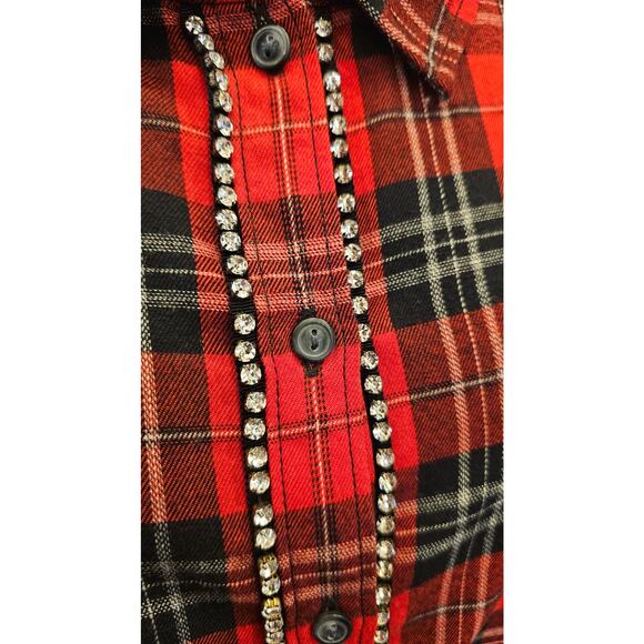 NWT Sanctuary Rockstar Rhinestone Stud Boyfriend Red XS bling plaid button up - Picture 7 of 9